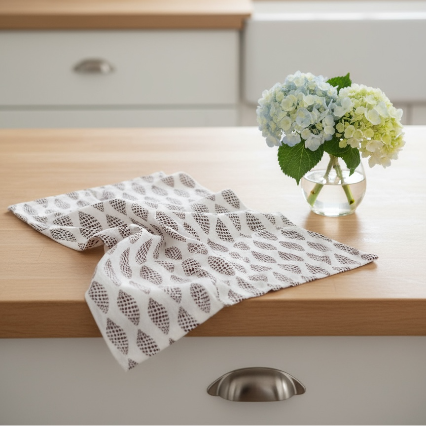 Sanibel junonia tea towel in French linen cotton with cocoa shell pattern 18x22 inches