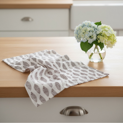 Sanibel junonia tea towel in French linen cotton with cocoa shell pattern 18x22 inches