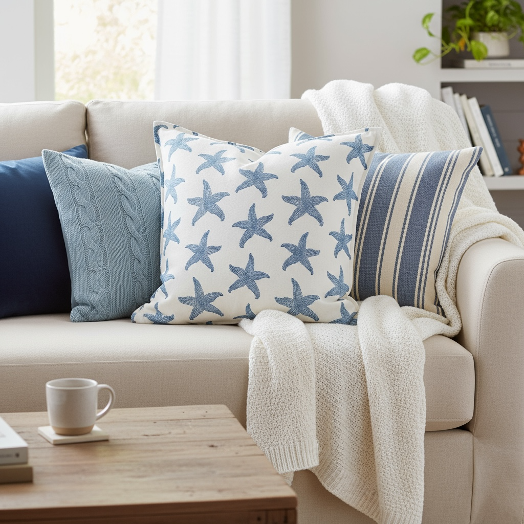 Sconset starfish pillow sham 22x22 in linen cotton with classic fold edge