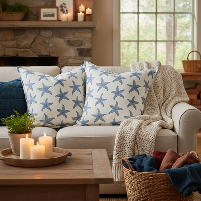 Sconset starfish pillow sham 22x22 in linen cotton with classic fold edge