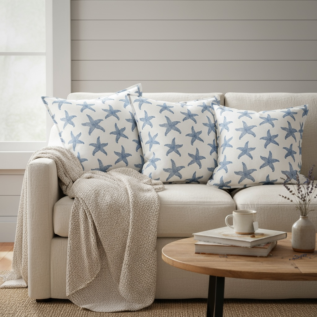 Sconset starfish pillow sham 22x22 in linen cotton with classic fold edge