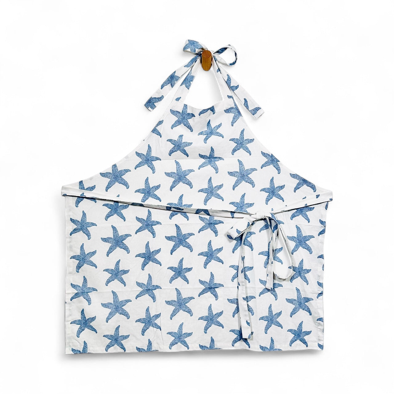 Sconset starfish apron in French linen cotton with blue starfish design 33x35 inches