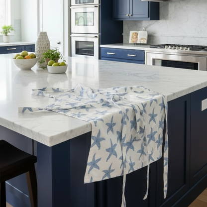 Sconset starfish apron in French linen cotton with blue starfish design 33x35 inches