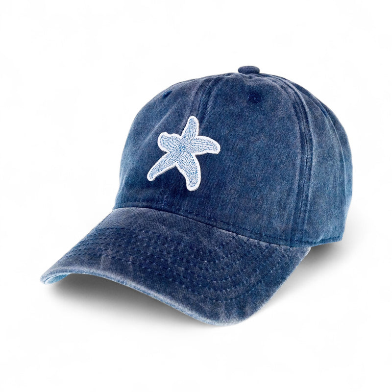 Sconset starfish baseball cap in washed cotton with coastal starfish pattern