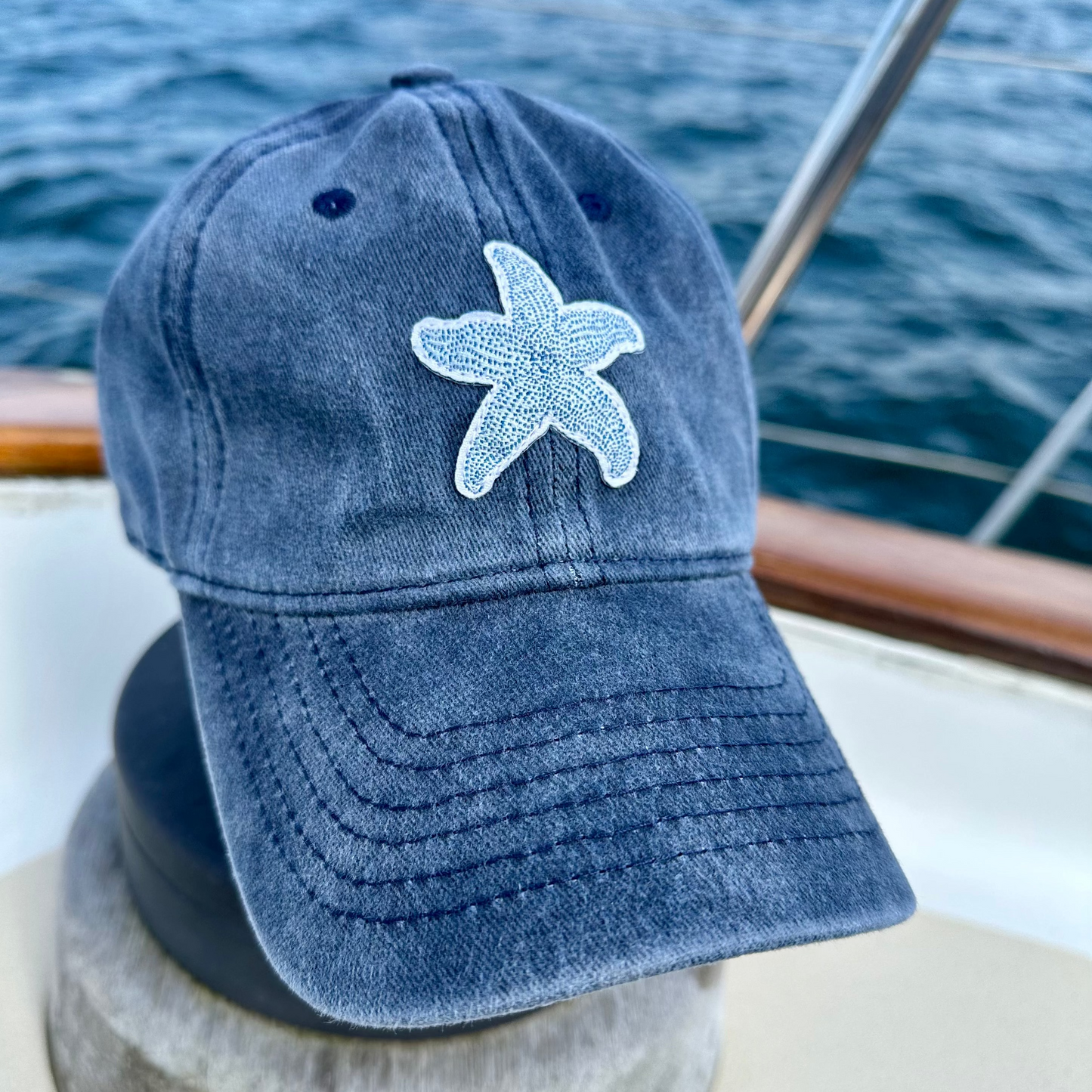 Sconset starfish baseball cap in washed cotton with coastal starfish pattern