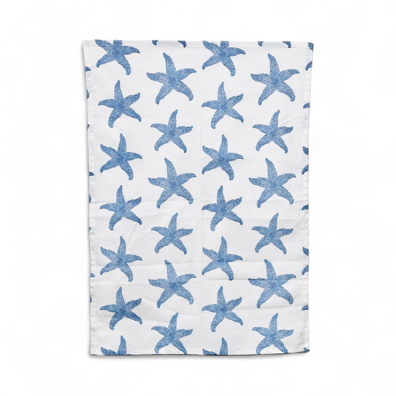 Sconset starfish tea towel in French linen cotton with blue starfish pattern 18x22 inches