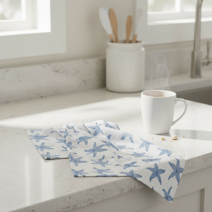 Sconset starfish tea towel in French linen cotton with blue starfish pattern 18x22 inches