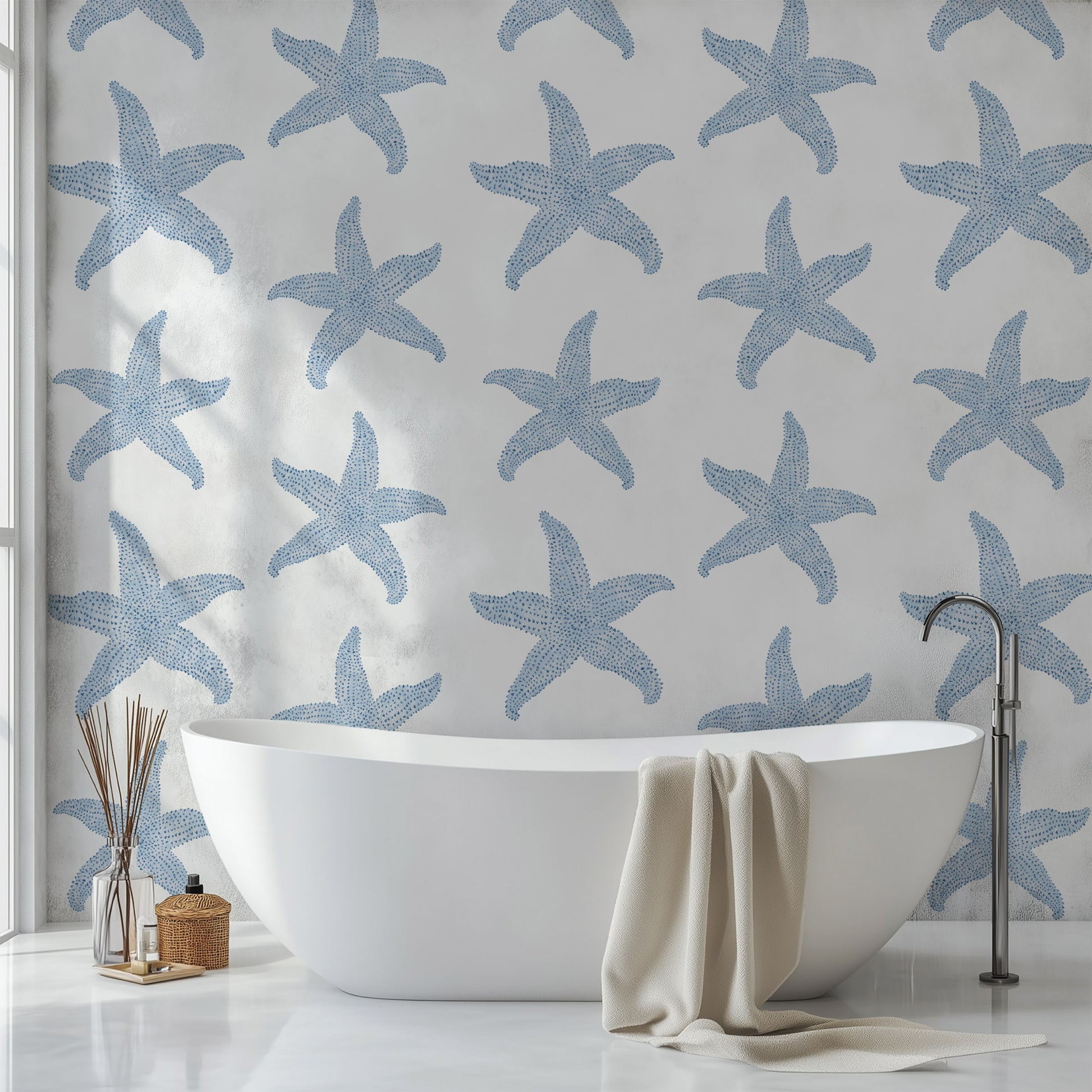 Sconset starfish pattern with blue geometric starfish on white background 