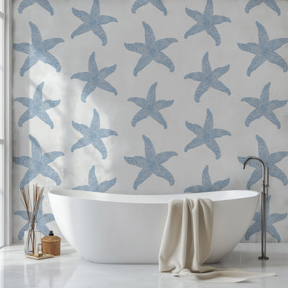 Sconset starfish pattern with blue geometric starfish on white background 