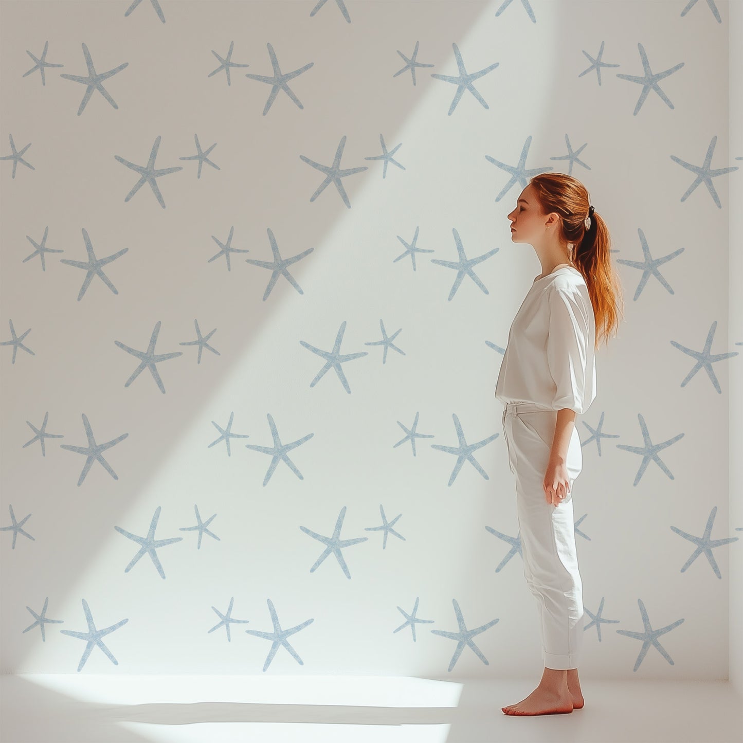 Seychelles sea star pattern with watercolor starfish in powder blue 