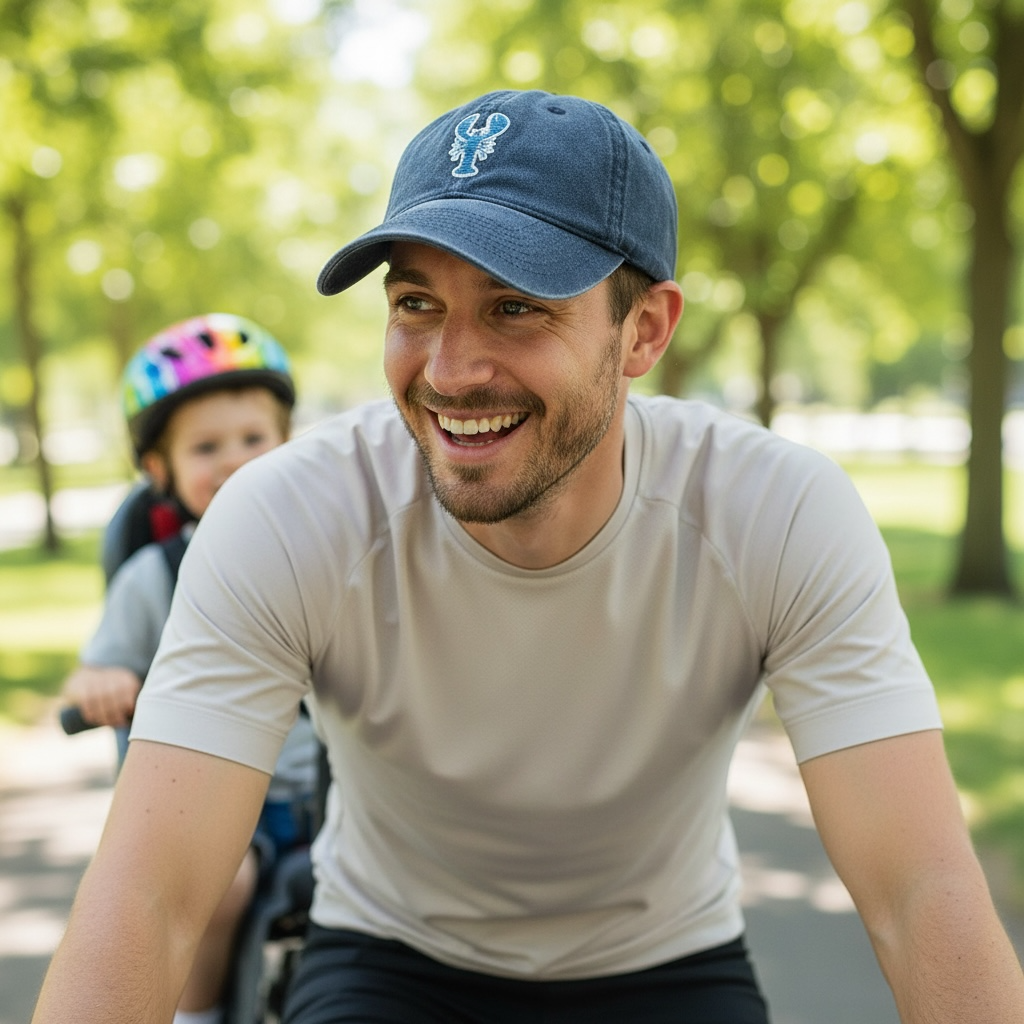Stripey blue lobster baseball cap in washed cotton with striped lobster embroidery