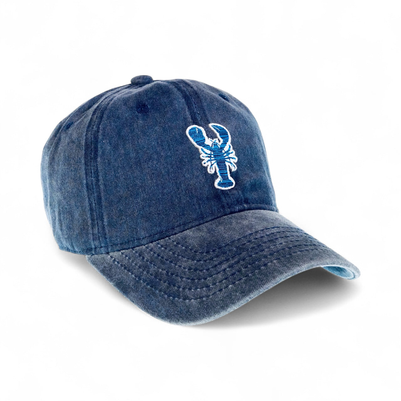 Stripey blue lobster baseball cap in washed cotton with striped lobster embroidery