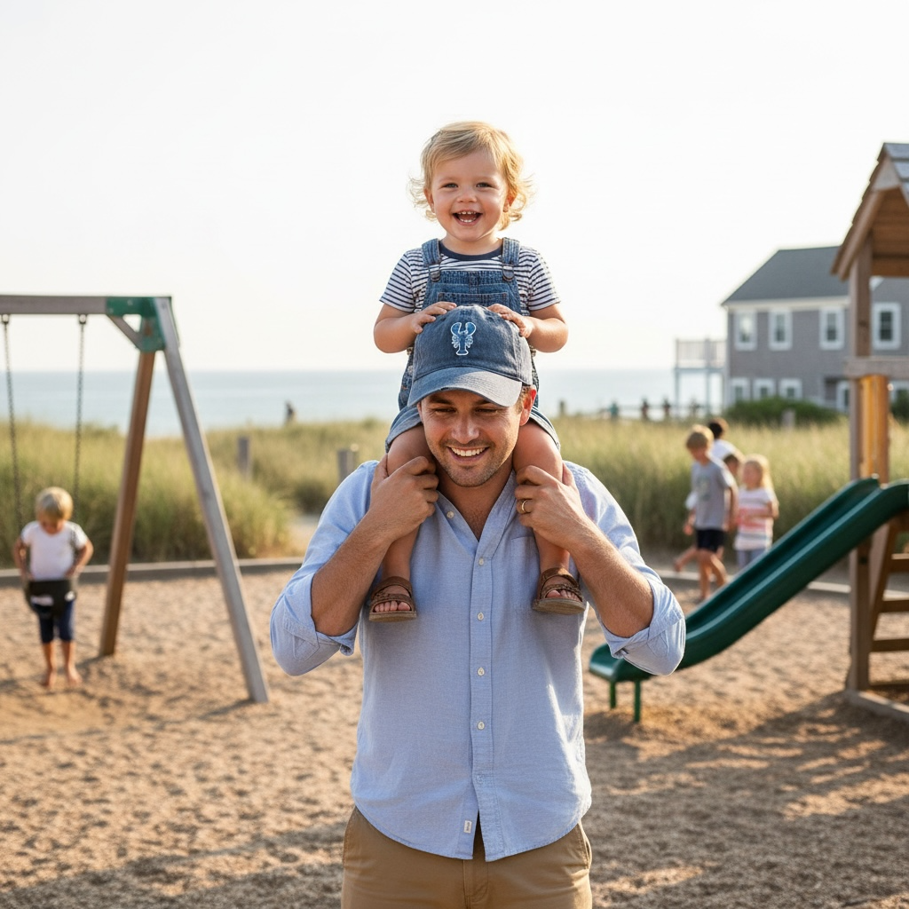 Stripey blue lobster baseball cap in washed cotton with striped lobster embroidery