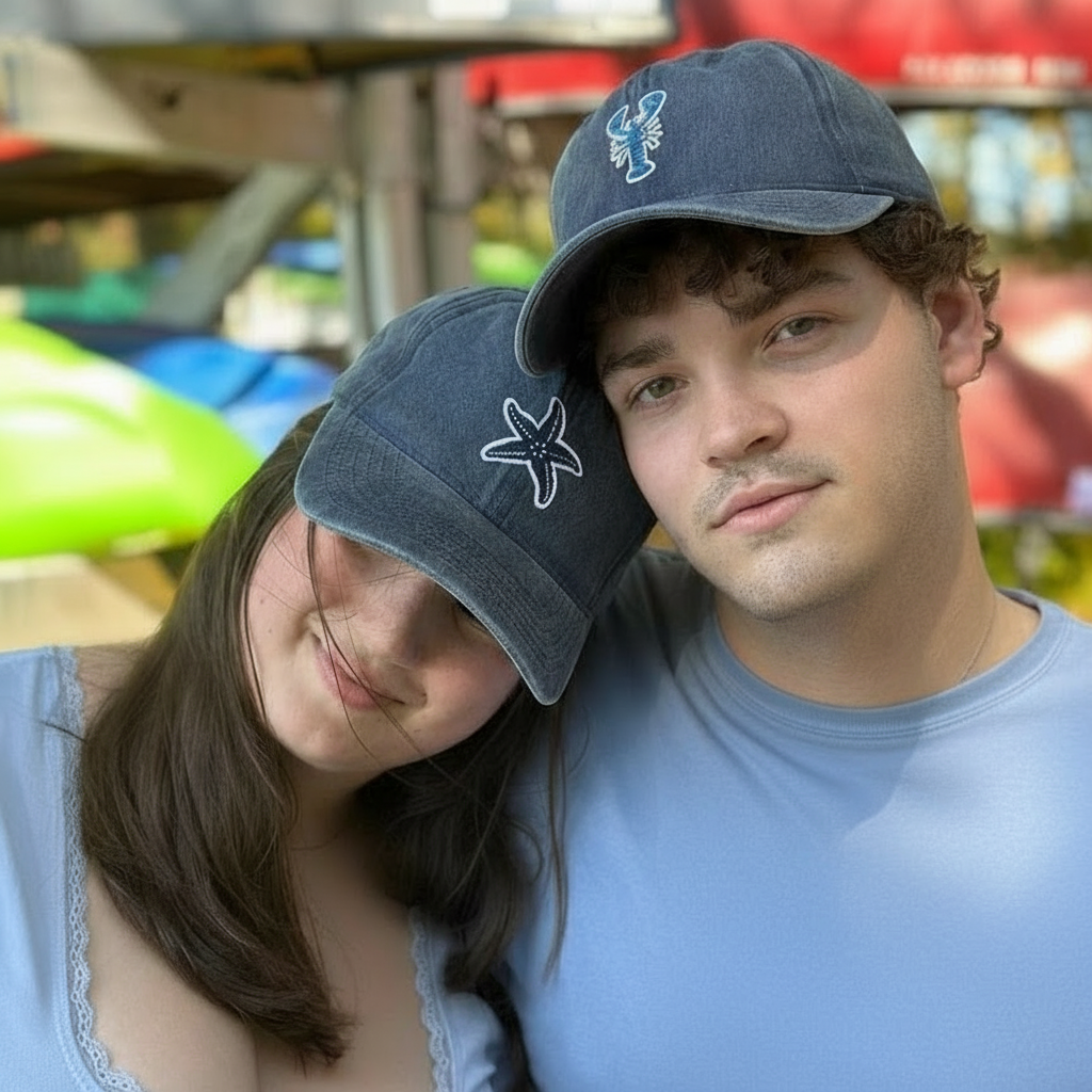 Stripey blue lobster baseball cap in washed cotton with striped lobster embroidery