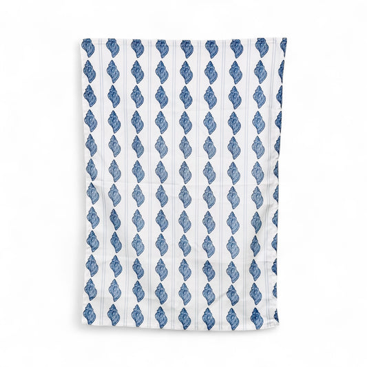 Tarpon Bay tulip shells tea towel in French linen cotton with blue striped shell pattern