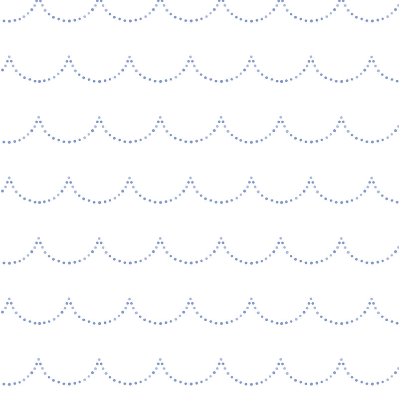 Wellfleet waves pattern with periwinkle dots on scalloped wave pattern 