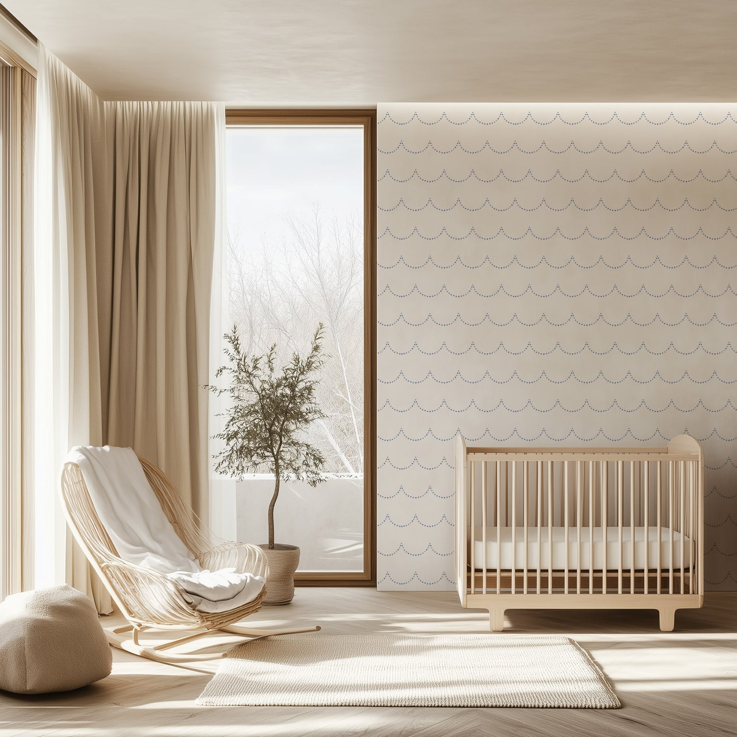 Wellfleet waves pattern with periwinkle dots on scalloped wave pattern 